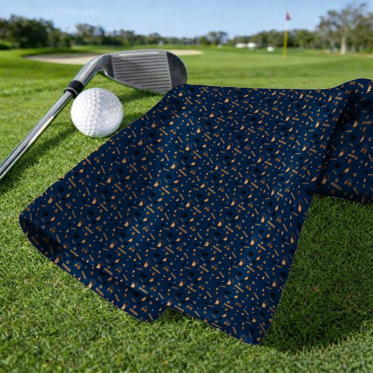 Bourbon Barrel Golf Towels, Whiskey Bottle & Rocks Pattern Towel, Vintage Drinking Golf Shirt for Golfer