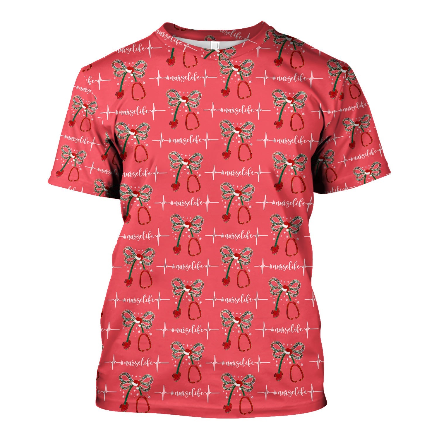 Festive Nurse Life Christmas Shirt - Christmas Stethoscope & Heartbeat Graphic Tee - Gift for RN LPN CNA Healthcare Staff