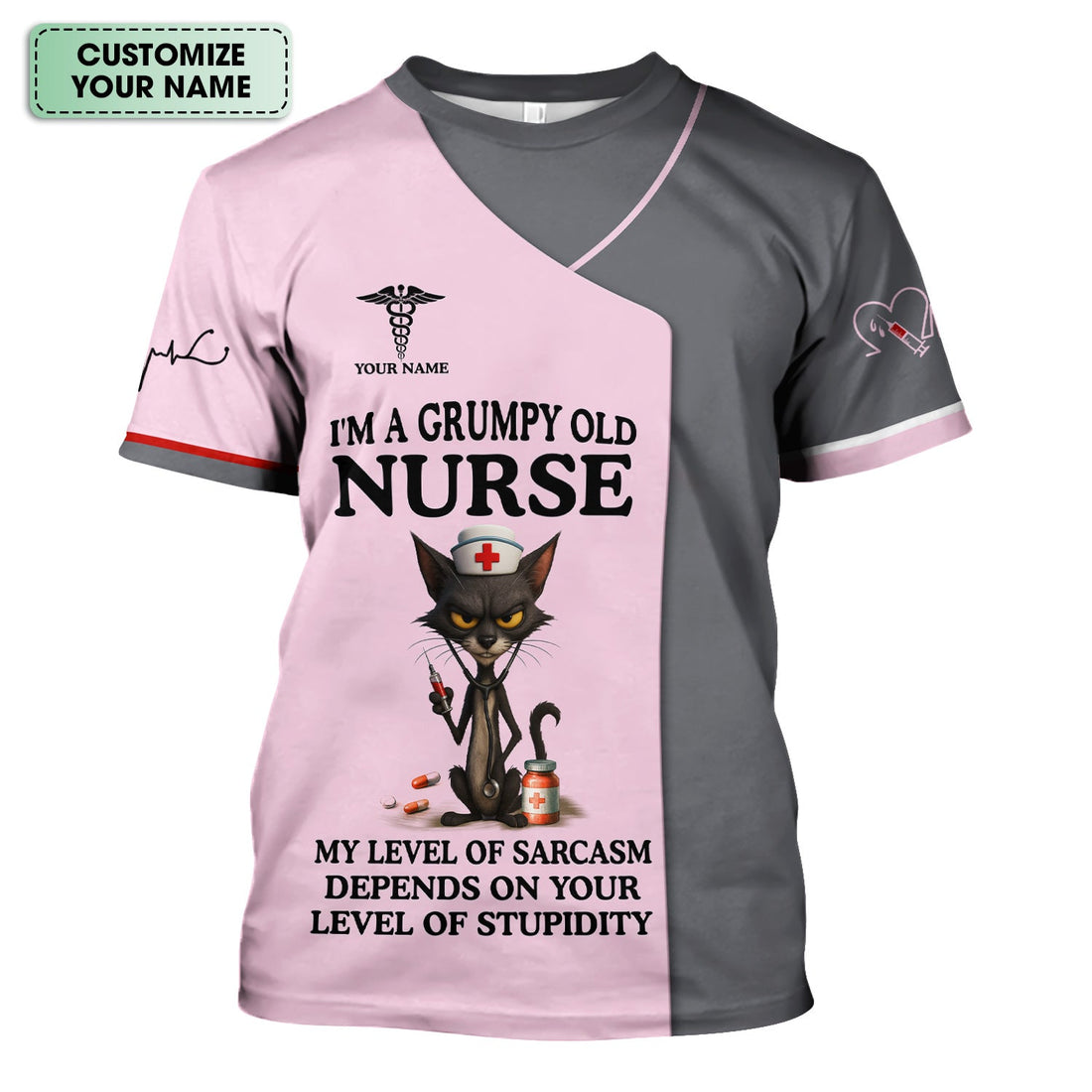 Sarcastic Grumpy Old Nurse Shirt - Black Cat Humo & Caduceus Symbol Design - Personalized Gift for RN LPN CNA Healthcare Workers