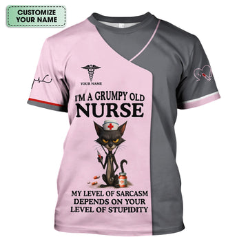 Sarcastic Grumpy Old Nurse Shirt - Black Cat Humo & Caduceus Symbol Design - Personalized Gift for RN LPN CNA Healthcare Workers