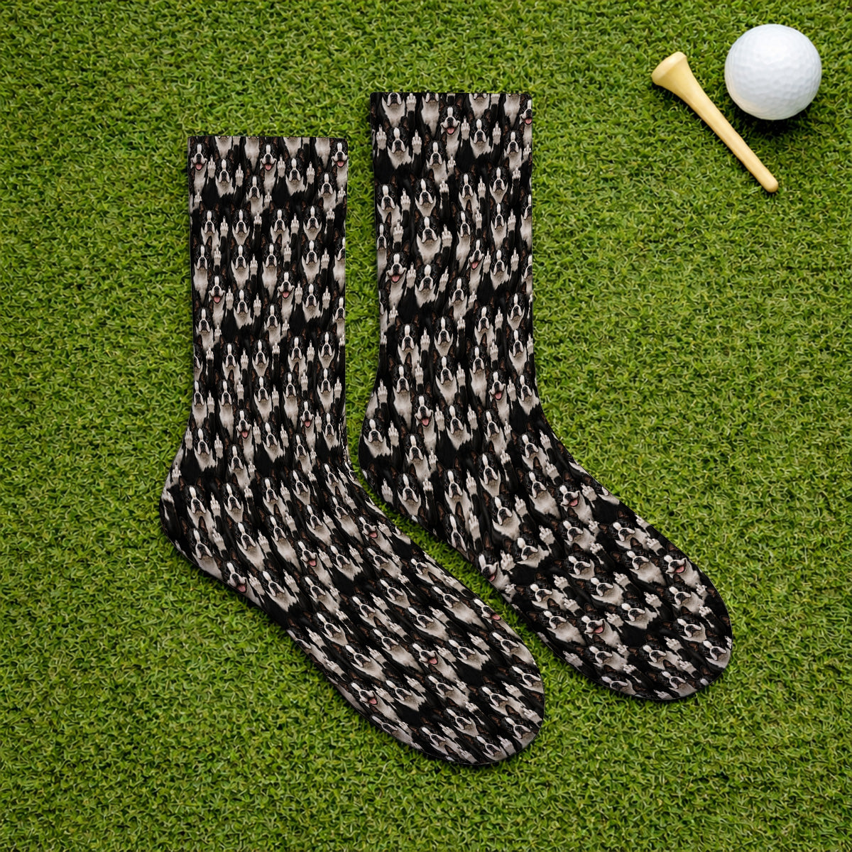 Boston Terrier Pattern Golf Socks, Funny Boston Terrier Golf Sock, Golf Gift For Golfer