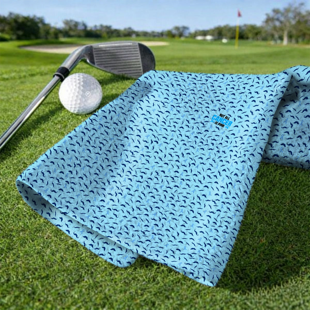 Prostate Cancer Awareness Golf Towels, Blue Ribbon Mustache Pattern Golf Towel, Support Gift for Golfers