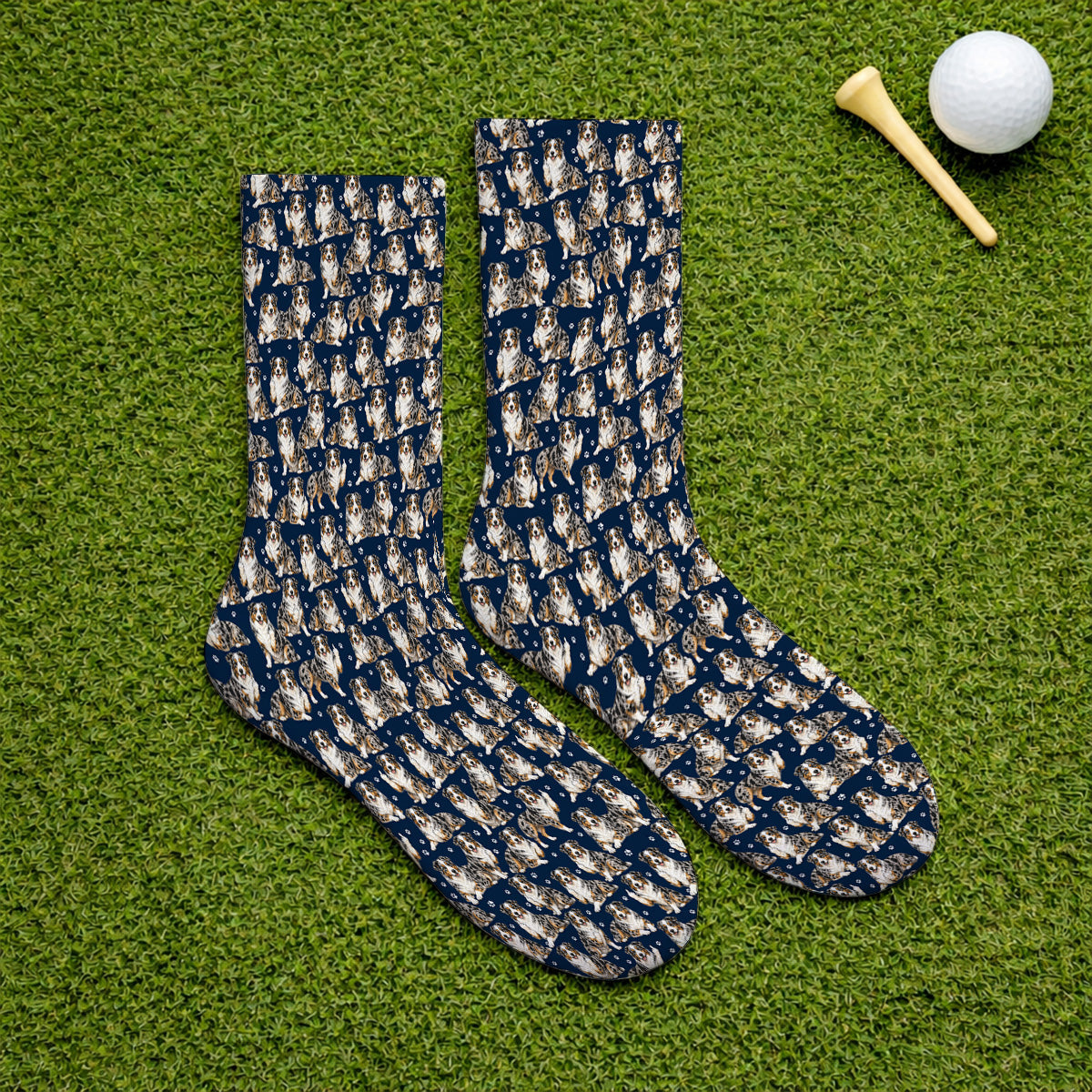 Australian Shepherd Golf Sock, Funny Blue Merle Aussie Pattern Golf Socks, Golf Gift For Golfer