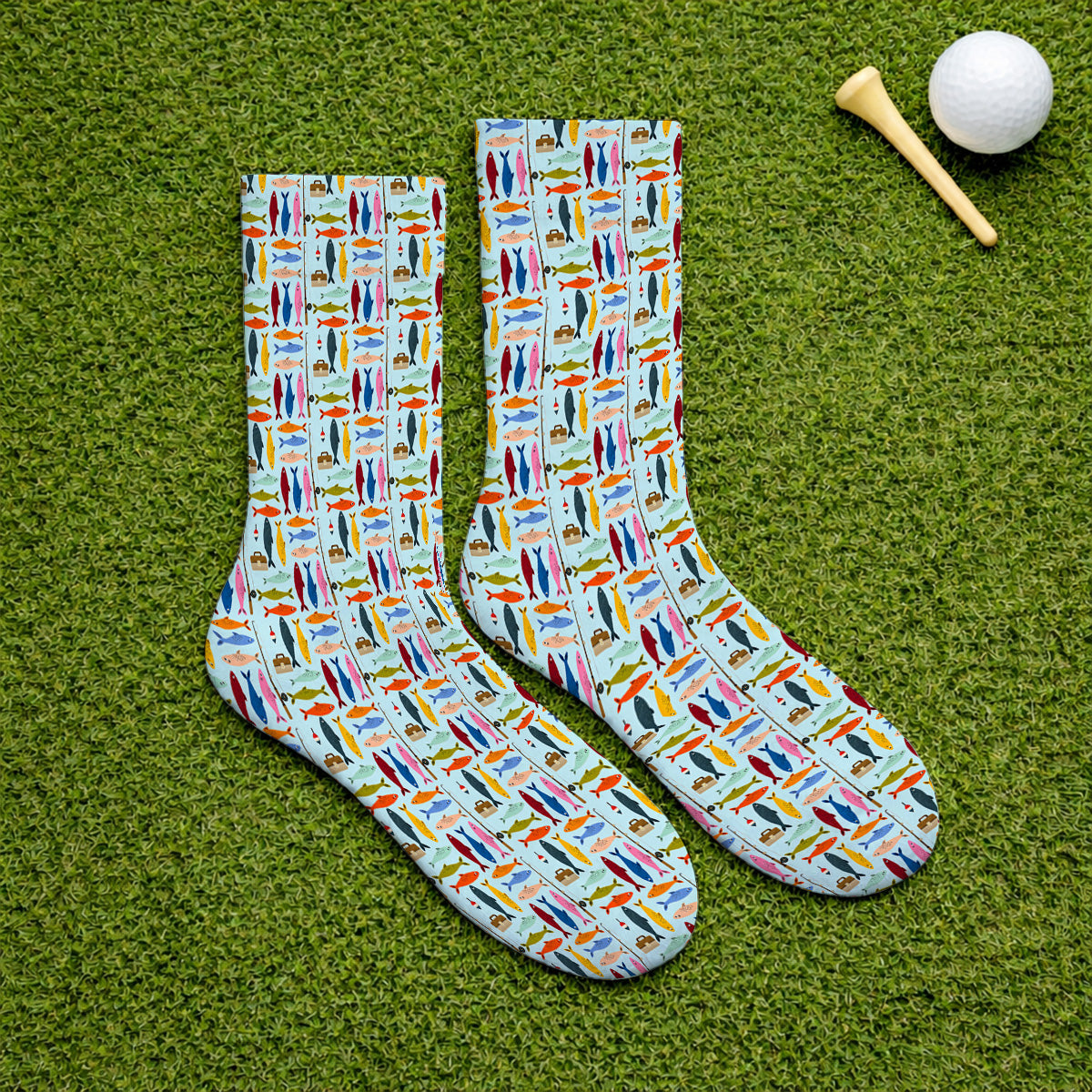 Colorful Fish Pattern Golf Socks, Fishing Rod Pattern Golf Sock, Crazy Golf Gift For Anglers and Fishermen