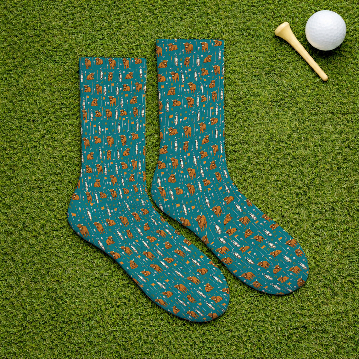 Highland Cow Fairway Socks, Highland Cow Golf Pattern Sock, Golf Gift For Golfer