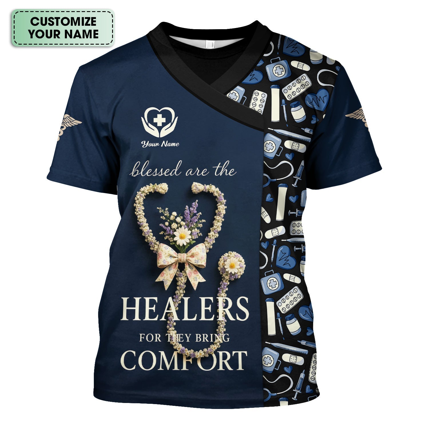 Personalized Blessed Healer Scrubs for Women RN CNA LPN - Floral Heart Stethoscope Design with Inspirational Quote - Custom Name Gift for Healthcare Workers & Nurses