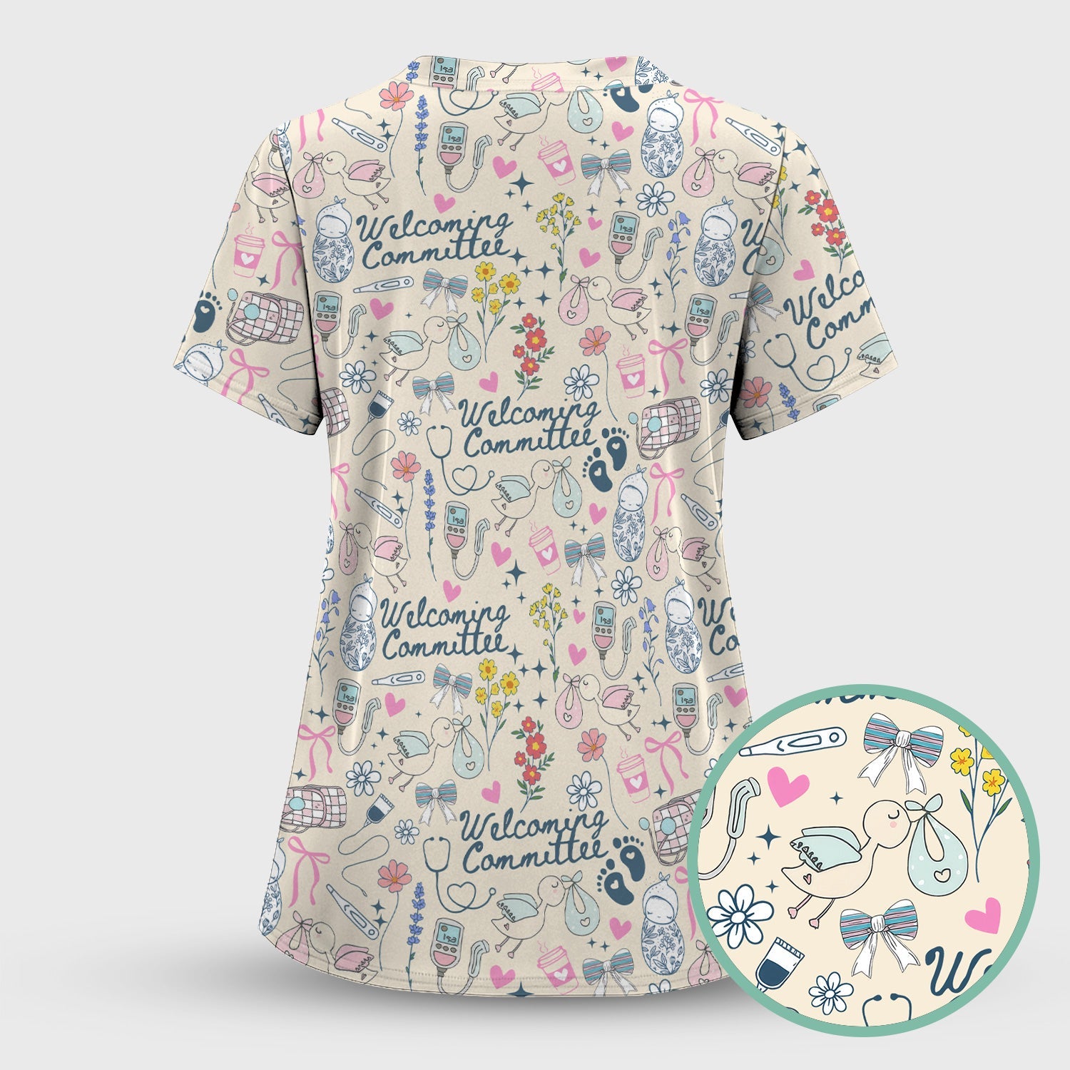 Funny NICU Nurse Tee - Cute Baby Feet & Floral Stork Pattern Graphic - Gift for Women RN LPN