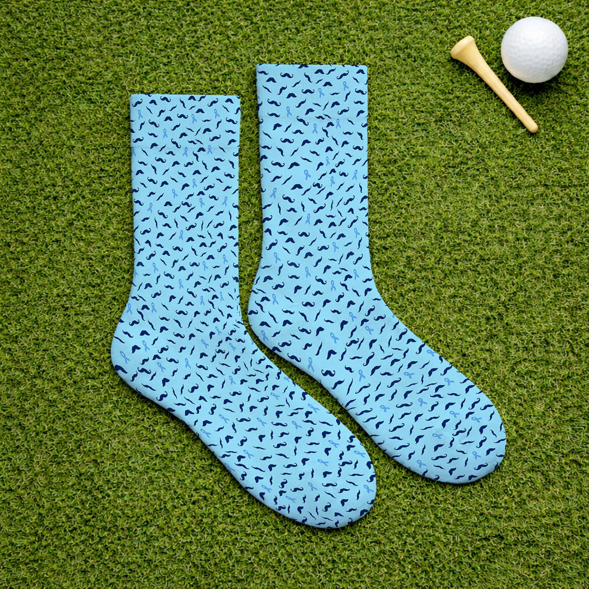 Prostate Cancer Awareness Golf Socks, Blue Ribbon Mustache Pattern Golf Sock, Support Gift for Golfers