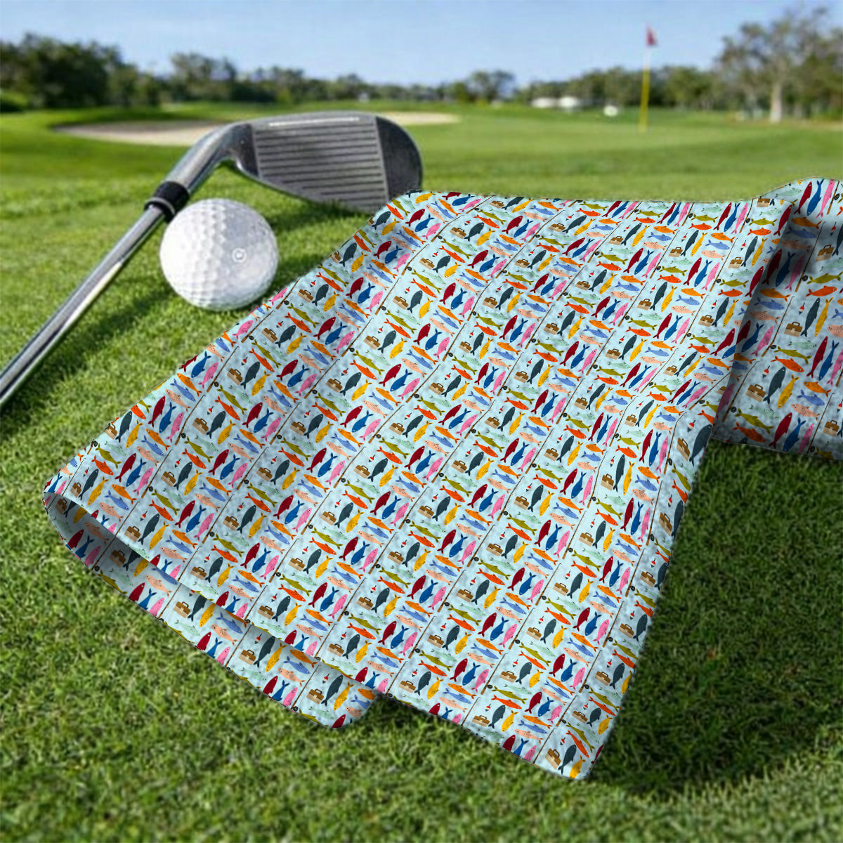Colorful Fish Pattern Golf Towels, Fishing Rod Pattern Golf Towel, Crazy Golf Gift For Anglers and Fishermen