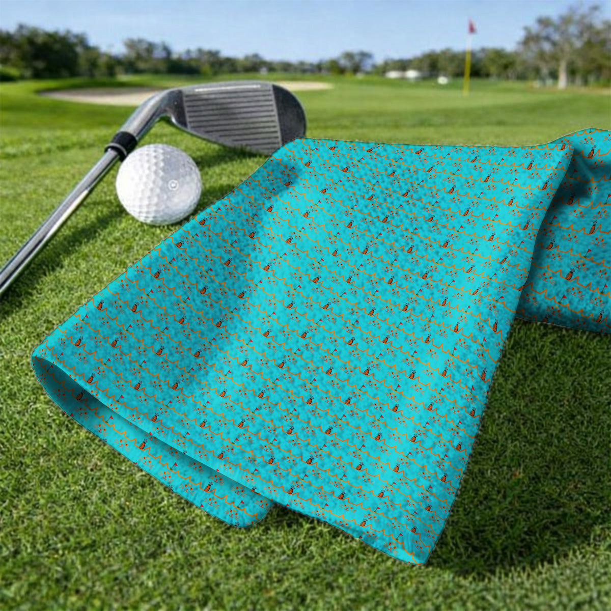 Cat Lover Golf Towels, Turquoise Cat Face & Golf Bag Pattern Golf Towel, Funny Kitty Golf Gift for Golfers