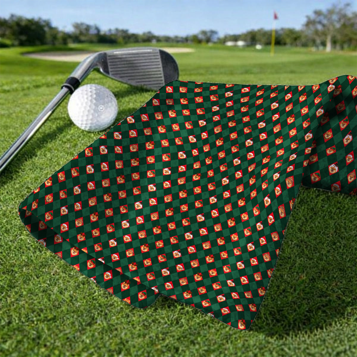 Christmas Pomeranian Golf Towels, Green Argyle & Santa Dog Pattern Golf Towel, Xmas Golf Gift For Golfer