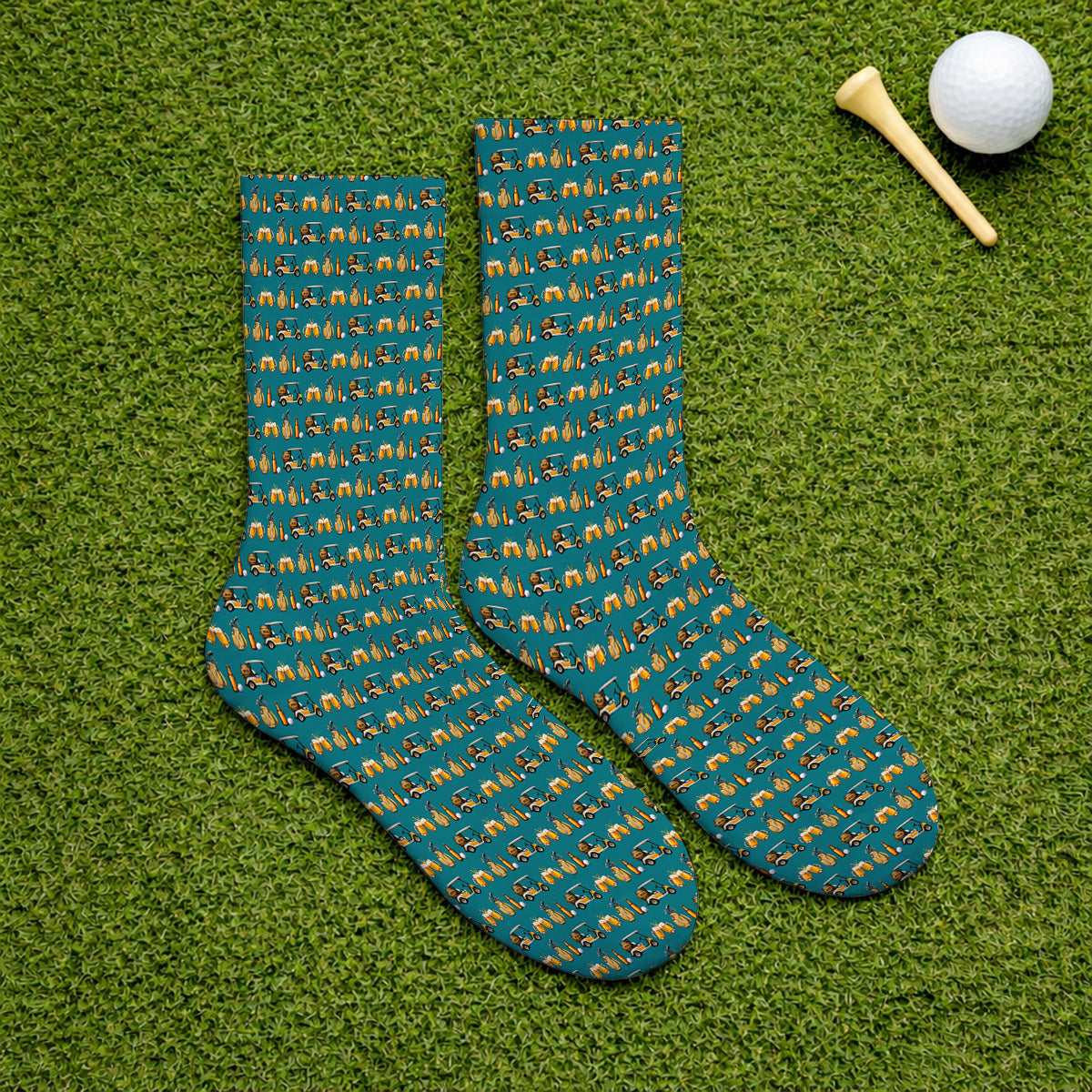 Golf & Beer Socks, Funny Beer Golf Cart Pattern Golf Sock, Beer Golf Gift For Golfers