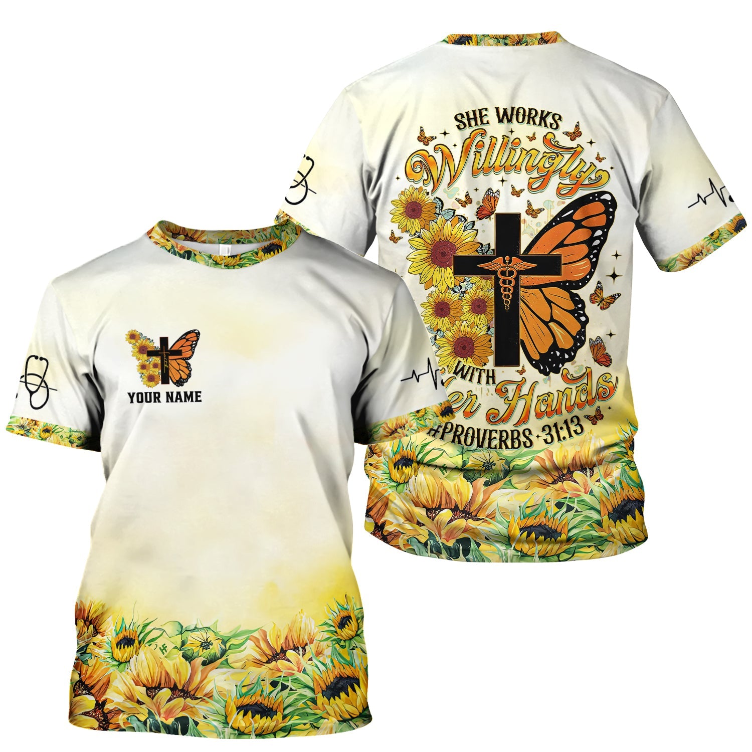 Custom Faith Nurse Shirt ‰ÛÒ Sunflower Butterfly Cross & Bible Verse Graphic Tee - Gift for RN LPN CNA Healthcare Workers