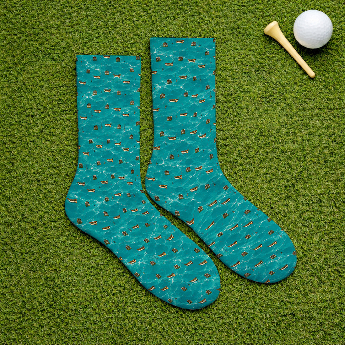 Fishing Pattern Golf Socks, Fishing Boat With Tackle Pattern Golf Sock, Unique Fishing Gift for Fishermen And Golfer