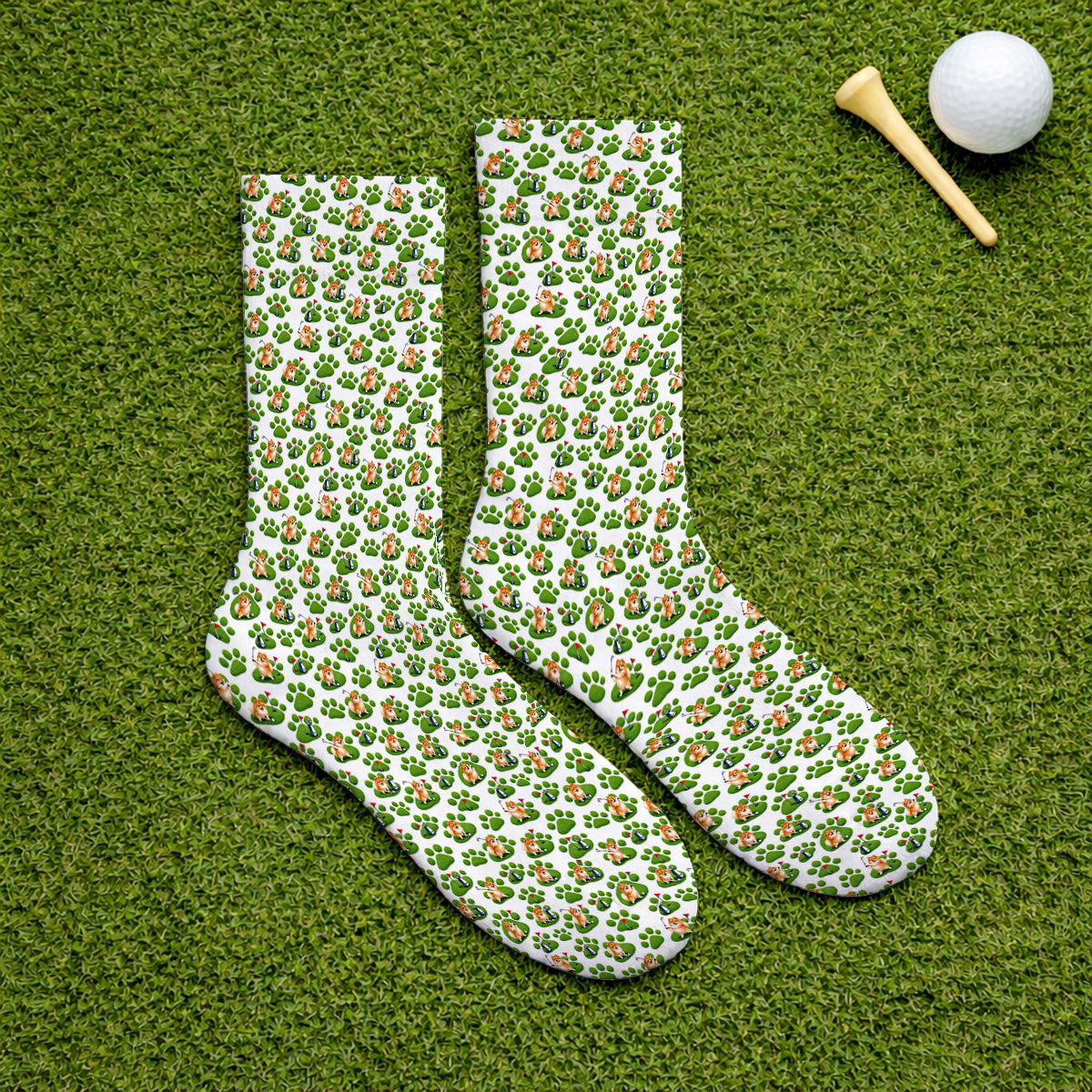 Pomeranian Paw Pattern Golf Socks, Cute Fluffy Pom Dog Pattern Golf Sock, Crazy Golf Gift For Golfers