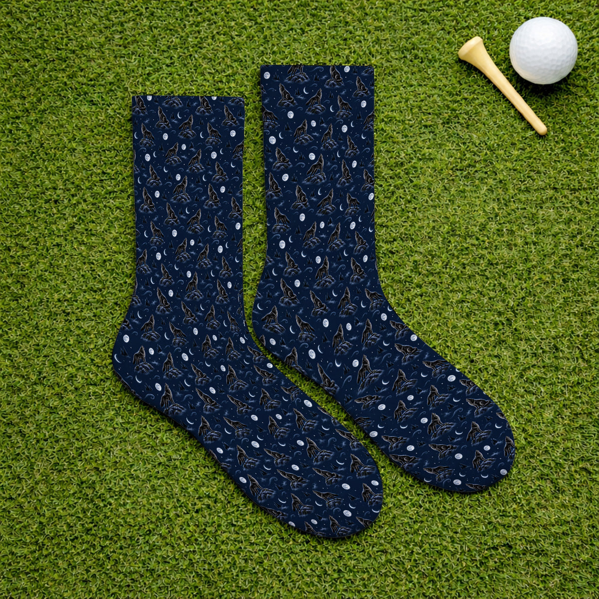 Howling Wolf Golf Socks, Moonlight Wolf Pattern Golf Sock, Crazy Golf Gift for Golfer