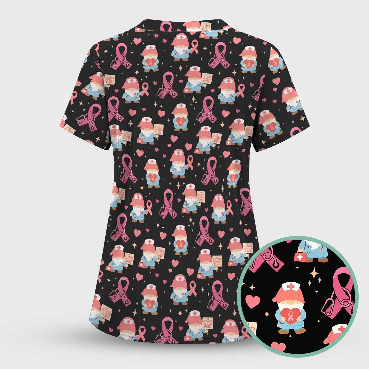 Pink Ribbon Nurse Shirt for Women - Cute Breast Cancer Awareness Gnome - Gift for Healthcare Workers RN LPN