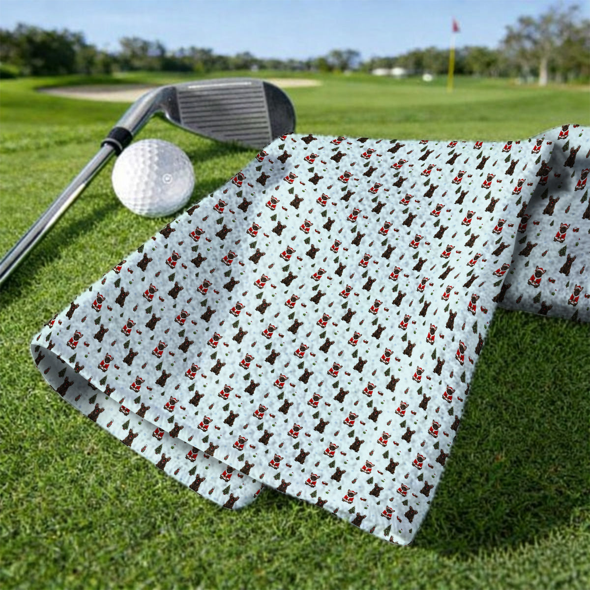 Reindeer French Bulldog Christmas Golf Towels, Festive Dog Holiday Pattern Golf Towel, Xmas Golf Gift for Golfers