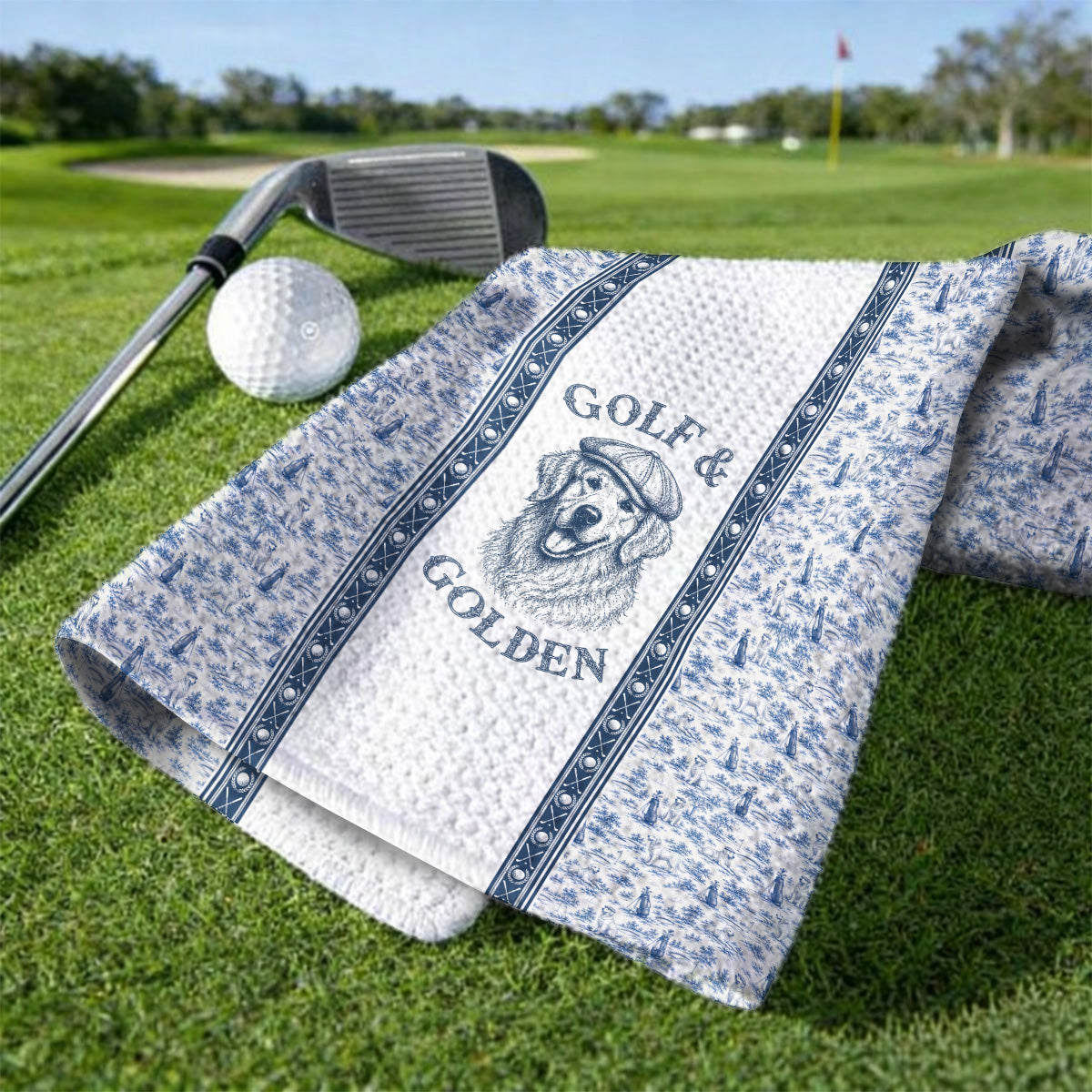 Golden Retriever Golf Towel, Toile De Jouy Golden Pattern Golf Towels, Crazy Golf Gift For Golfer