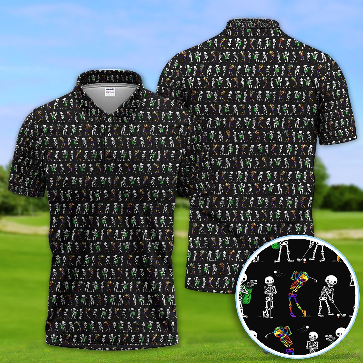 Funny Skeleton Golf Polo Shirt, Skeleton Golfer Pattern Shirt, Golf Lover Halloween Gift