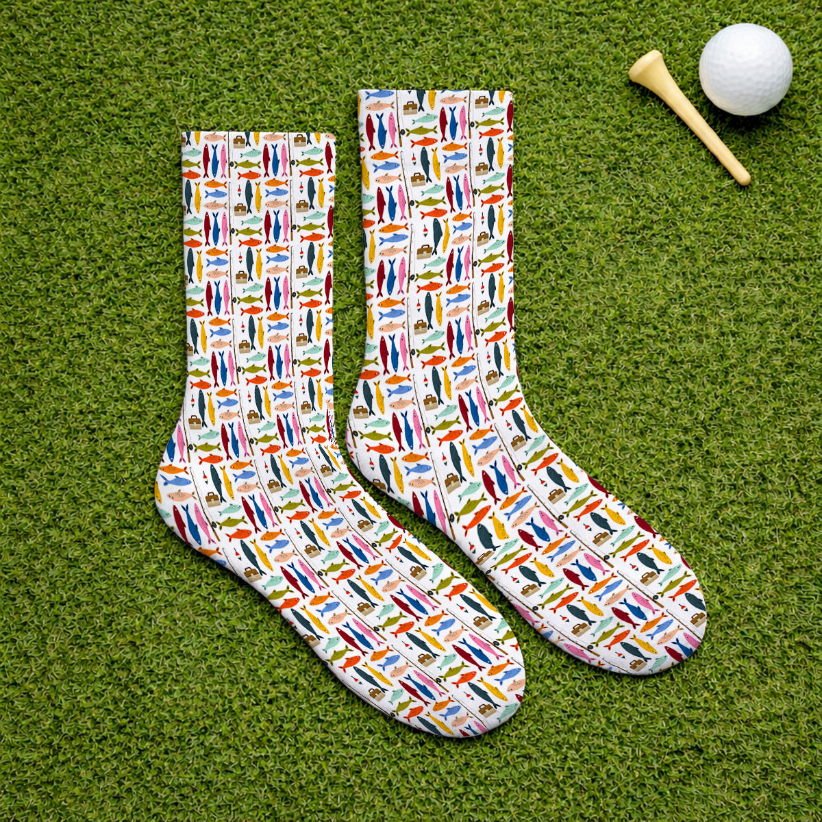 Colorful Fish Pattern Golf Socks, Fishing Rod Pattern Golf Sock, Crazy Golf Gift For Anglers and Fishermen