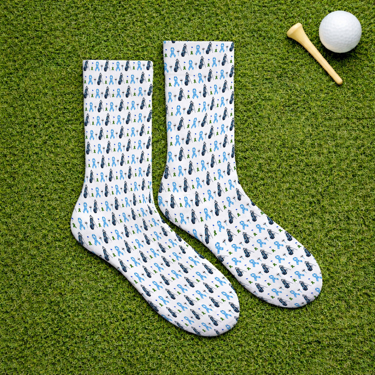 Prostate Cancer Awareness Golf Socks, Blue Ribbon Golf Pattern Sock, Prostate Cancer Support Gift for Golfers
