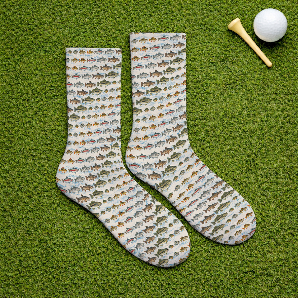 Freshwater Fishing Pattern Golf Socks, Bass Trout Catfish & Perch Golf Sock, Fishing Gift For Golfer