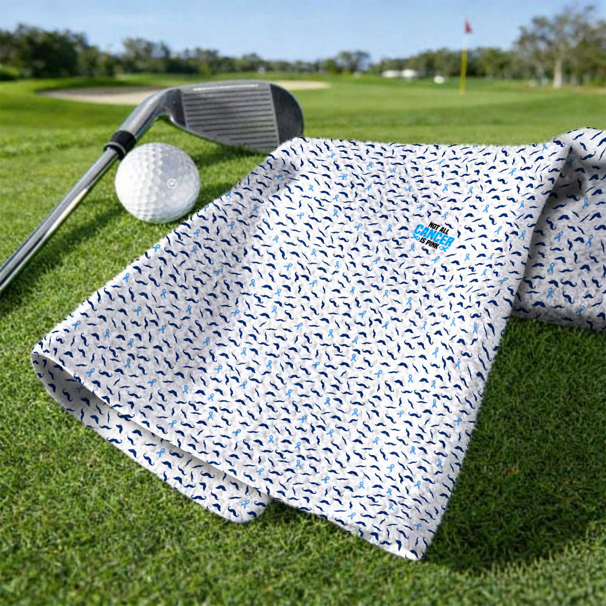 Prostate Cancer Awareness Golf Towels, Blue Ribbon Mustache Pattern Golf Towel, Support Gift for Golfers
