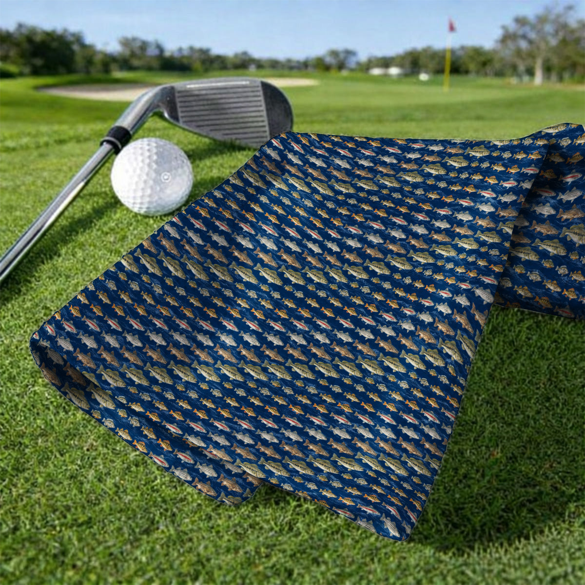 Freshwater Fishing Pattern Golf Towels, Bass Trout Catfish & Perch Golf Towel, Fishing Gift For Golfer