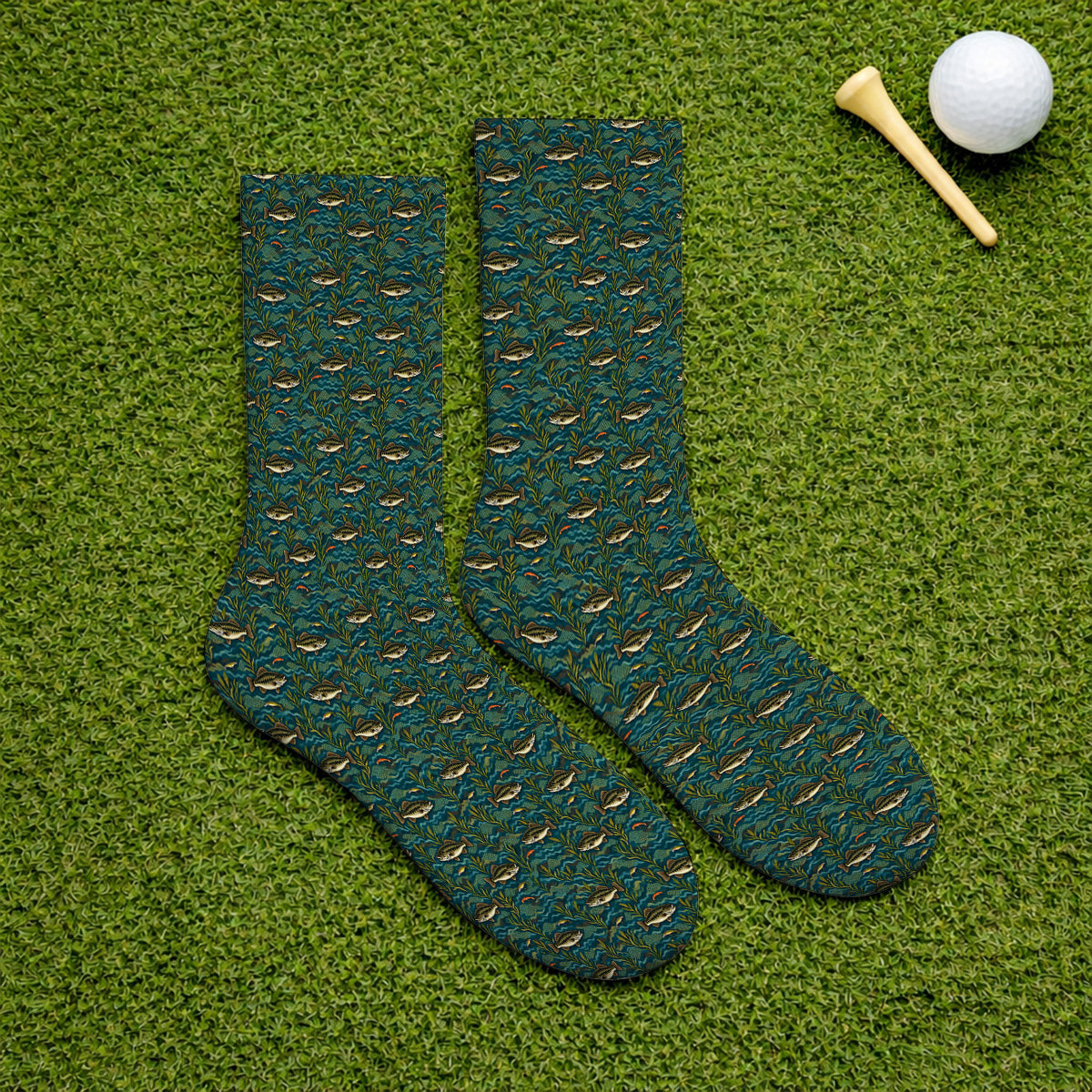 Crazy Bass Fishing Golf Socks, Fishing Bass & Rod Pattern Golf Sock, Golf Gift For Golfers