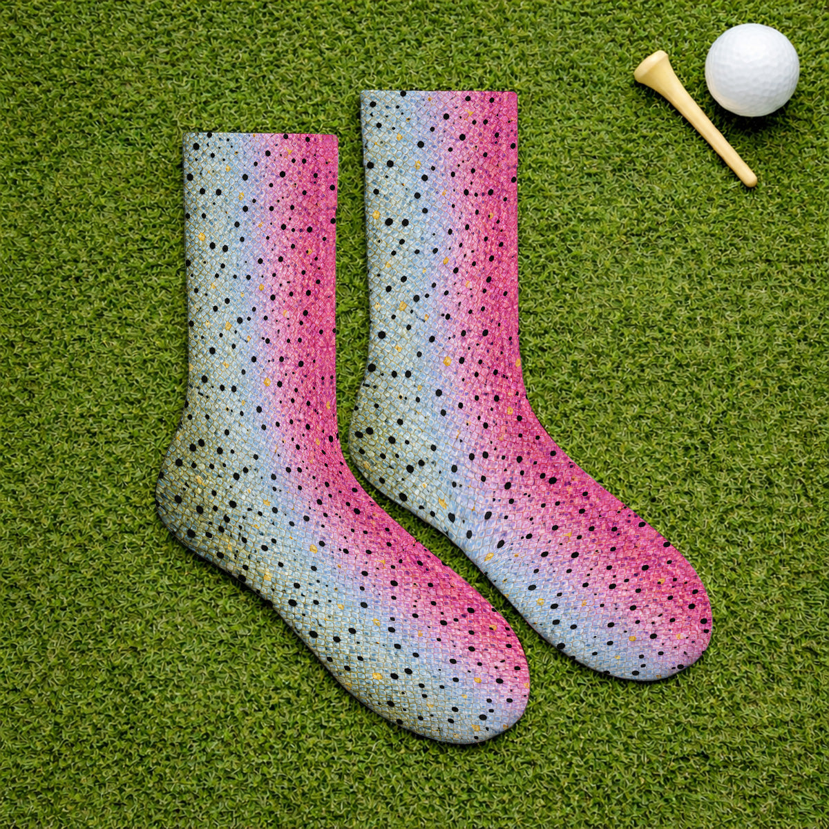 Crazy Rainbow Trout Skin Pattern Golf Socks, Pink Blue Fish Scale Golf Sock, Golf Gift For Golfers