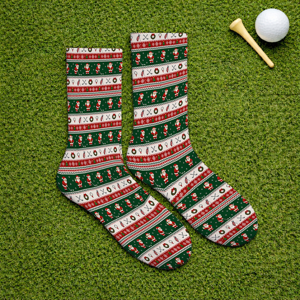 Funny Christmas Santa Golf Socks, Ugly Christmas Golf Pattern Sock, Xmas Gift For Golfer