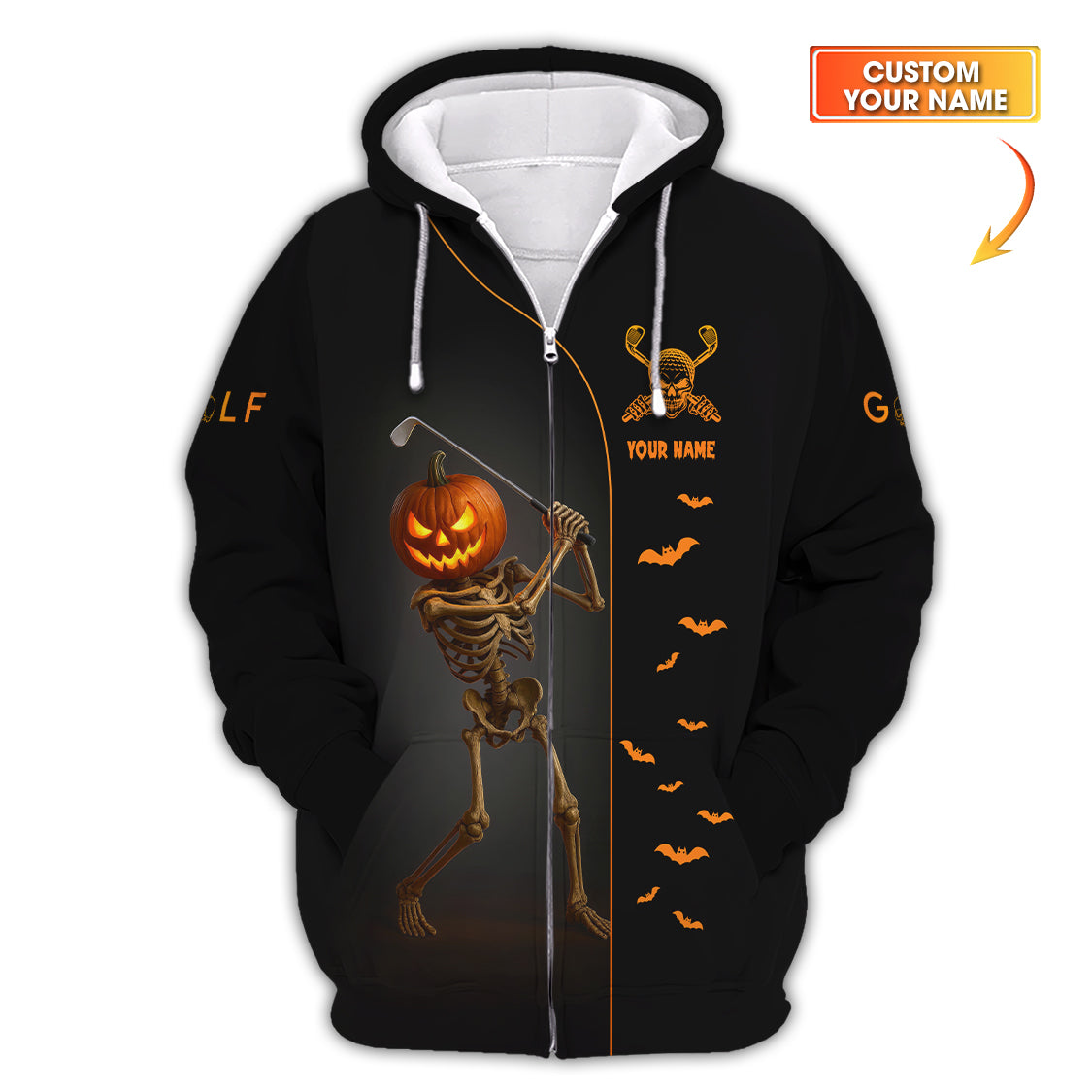 Custom Name Golf Polos, Halloween Skeleton Golf Shirt, Crazy Golf Shirts For Men's