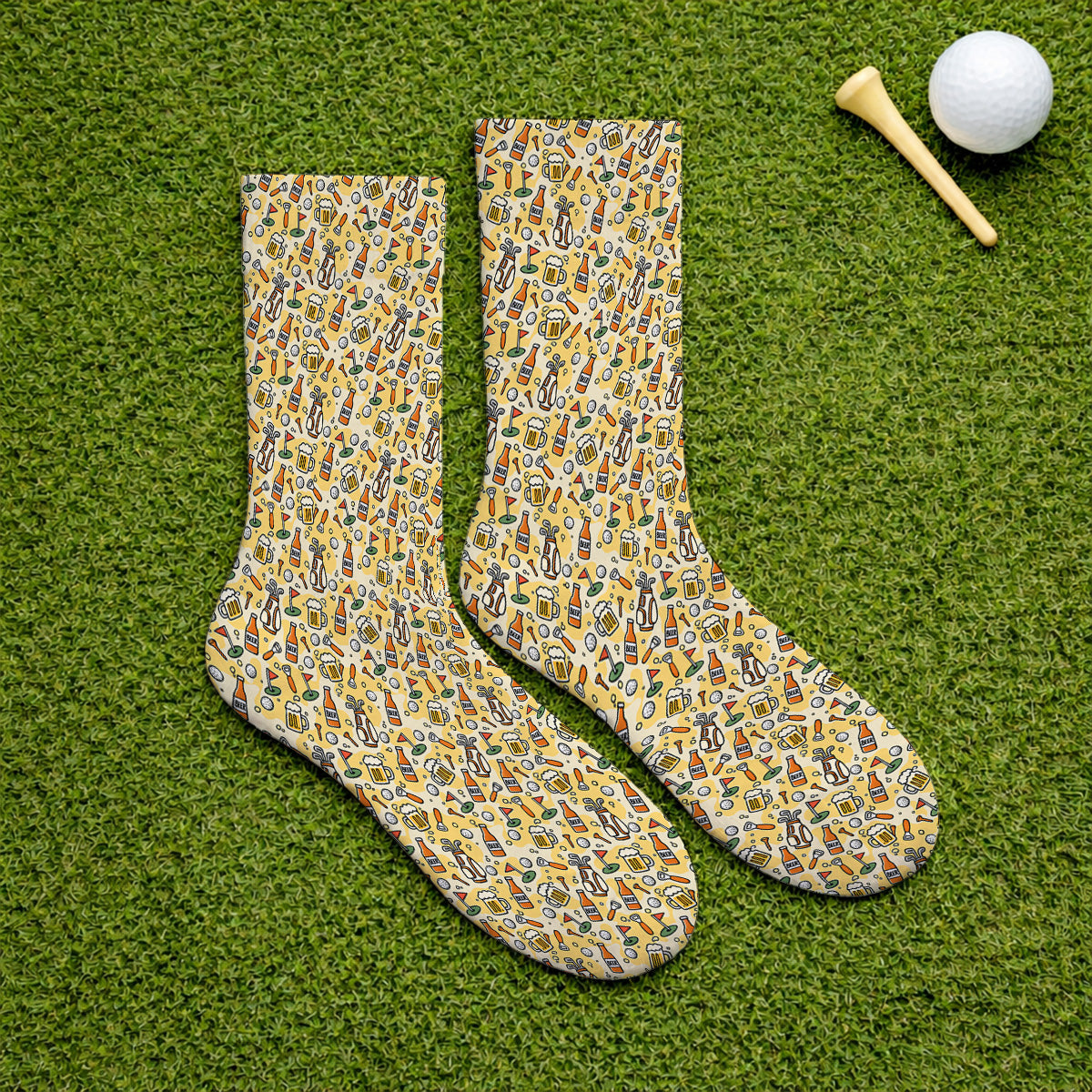 Funny Beer Pattern Golf Socks, Retro Golf Clubs And Beer Golf Sock, Unique Golfing Gift For Golfers