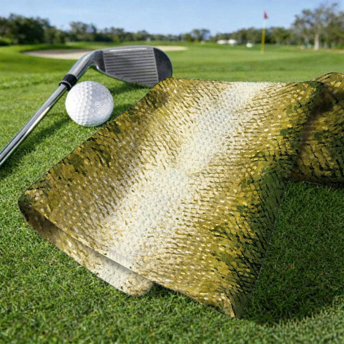 Bass Fishing Pattern Golf Towels, Golden Green Bass Fish Scale Golf Towel, Golf Gift For Fishers