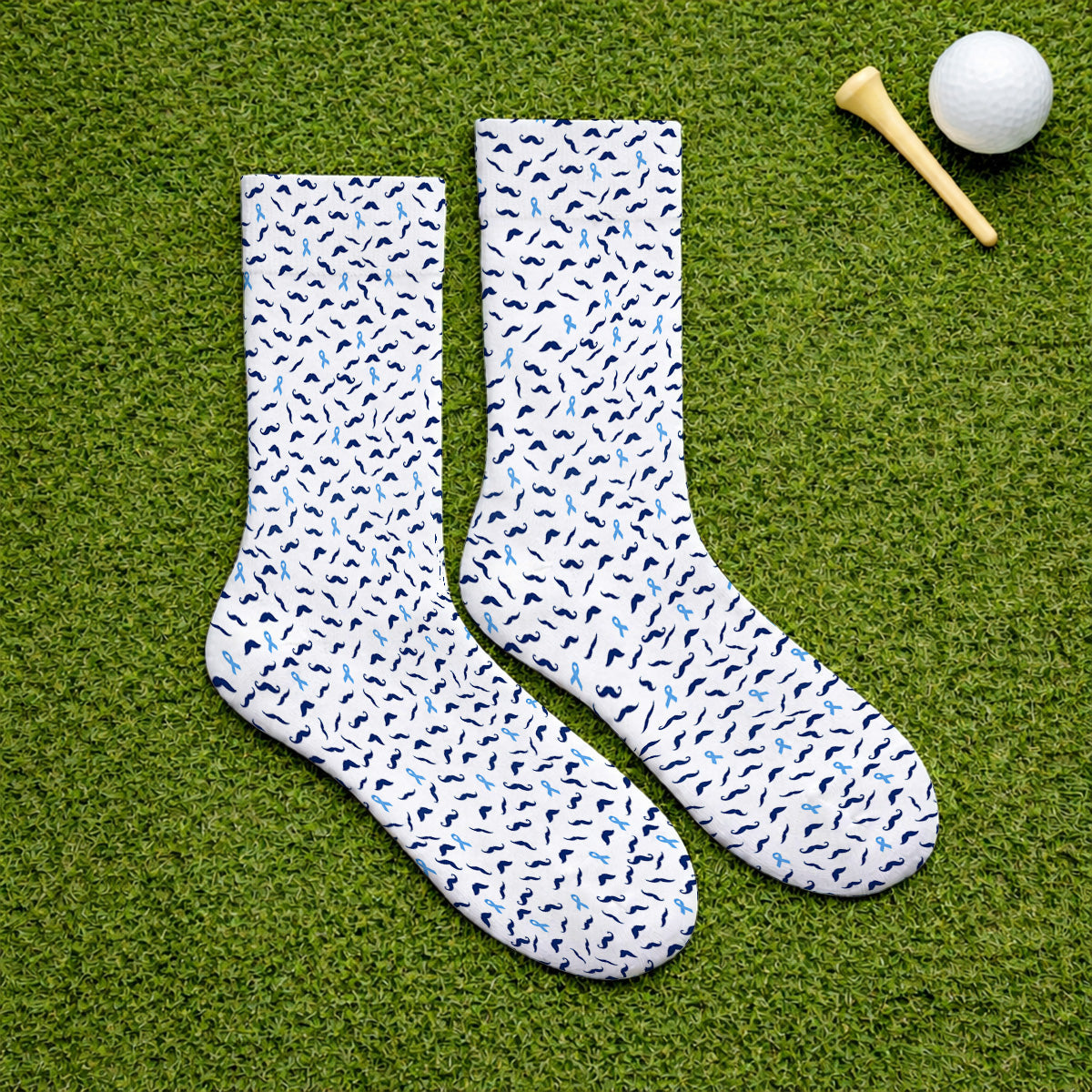 Prostate Cancer Awareness Golf Socks, Blue Ribbon Mustache Pattern Golf Sock, Support Gift for Golfers