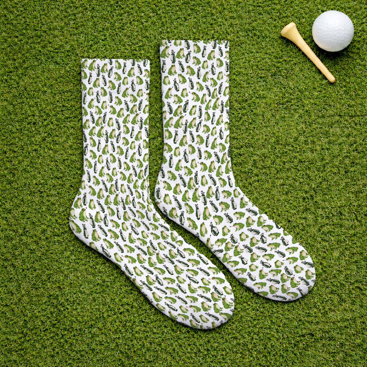 Cute Frog Golf Socks, Playful Frog & Golf Bag Pattern Sock, Funny Golf Gift For Frog Lovers