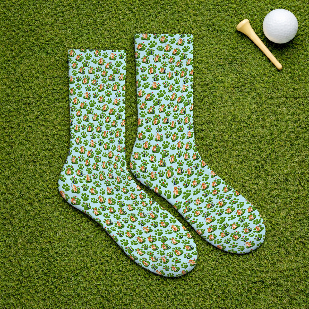 Pomeranian Paw Pattern Golf Socks, Cute Fluffy Pom Dog Pattern Golf Sock, Crazy Golf Gift For Golfers