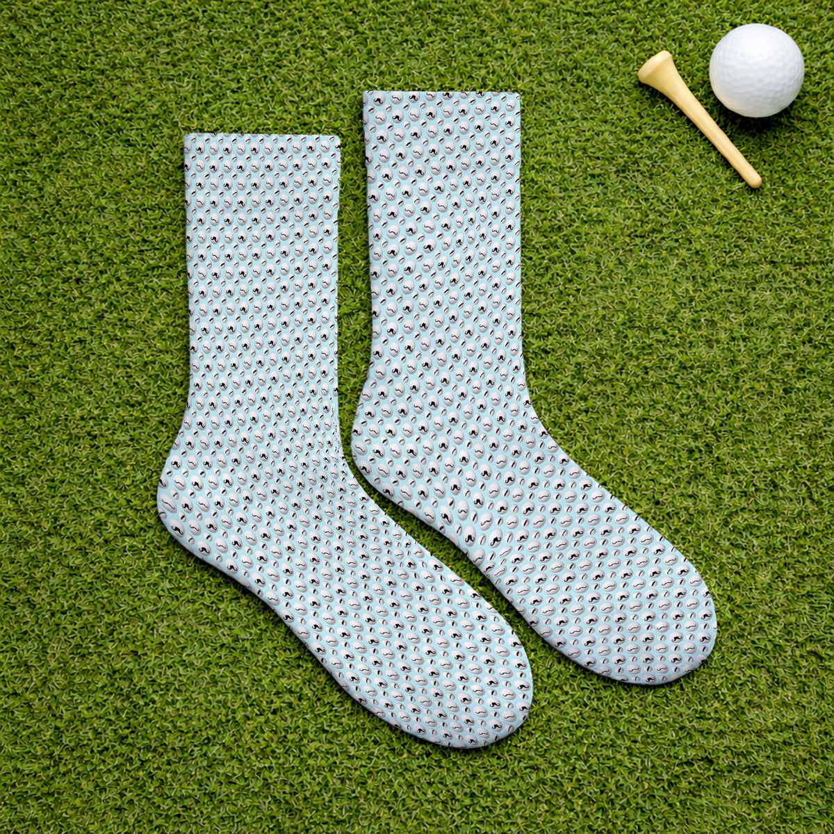 Mustache Golf Ball Socks, Funny Movember Golf Pattern Sock, Gift for Golfers