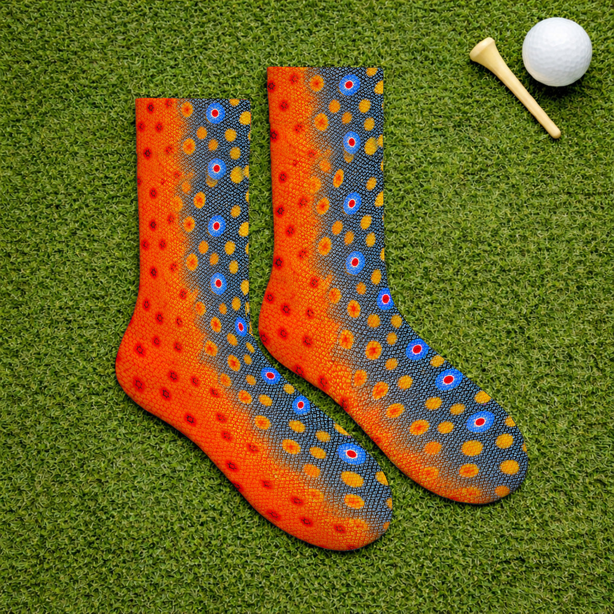 Brook Trout Skin Golf Socks, Vibrant Orange Spotted Fish Scale Pattern Golf Sock, Crazy Golf Gift For Golfers
