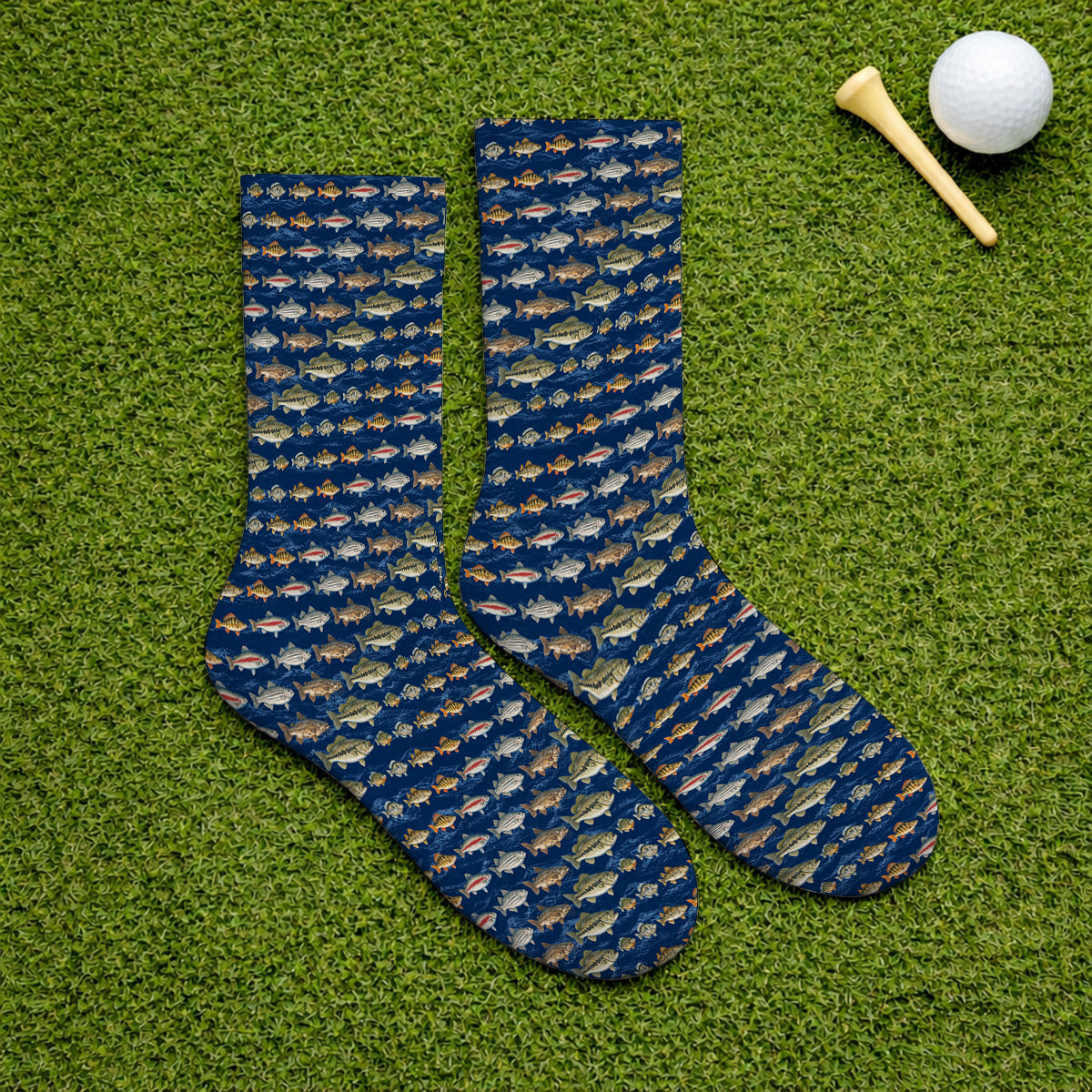 Freshwater Fishing Pattern Golf Socks, Bass Trout Catfish & Perch Golf Sock, Fishing Gift For Golfer