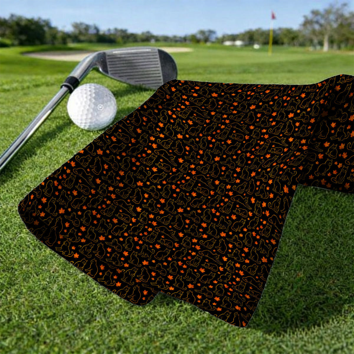 Autumn Black Longhair Cat Golf Towel, Black Longhair Cat Pattern Golf Towels, Cat Lovers Golf Gift