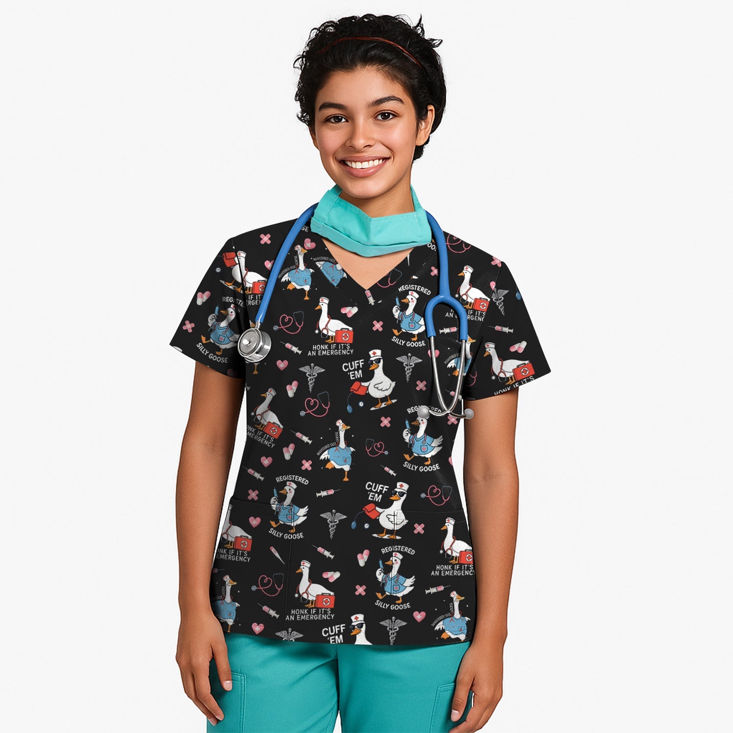 Goose Nurse Graphic T-Shirt for Women - Cute Medical Work Tee with Stethoscope & Heart Icons - Gift for RN, CNA, LPN