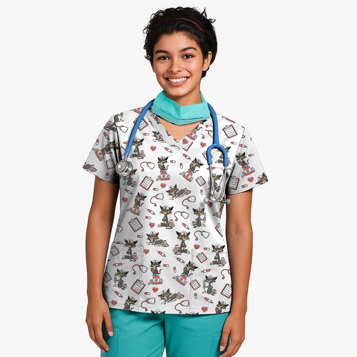 Personalized Funny Nurse Cat Shirt - Cute Black Cat with Stethoscope & Pills - Gift for RN CNA LPN