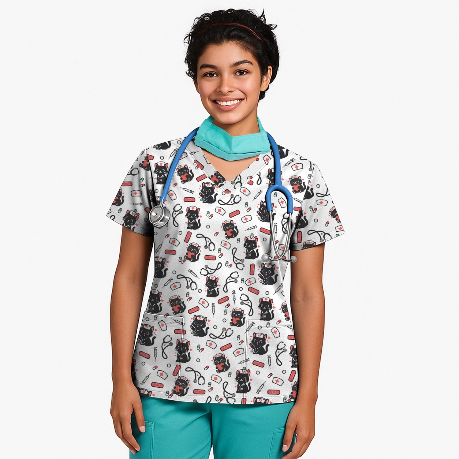 Personalized Adorable Cat Print Nurse Tee - Medical Uniform Shirt with Stethoscope - Gift for RN CNA LPN