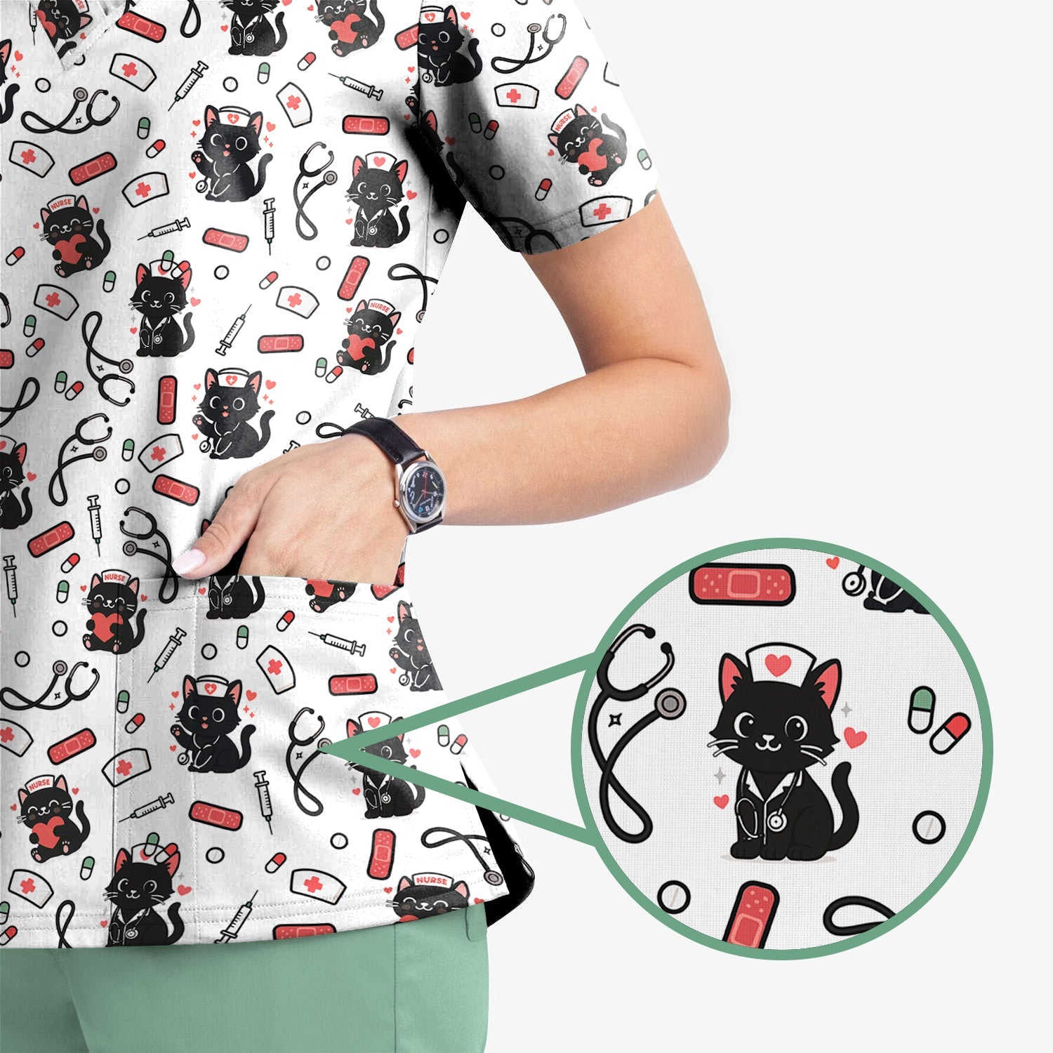 Personalized Adorable Cat Print Nurse Tee - Medical Uniform Shirt with Stethoscope - Gift for RN CNA LPN