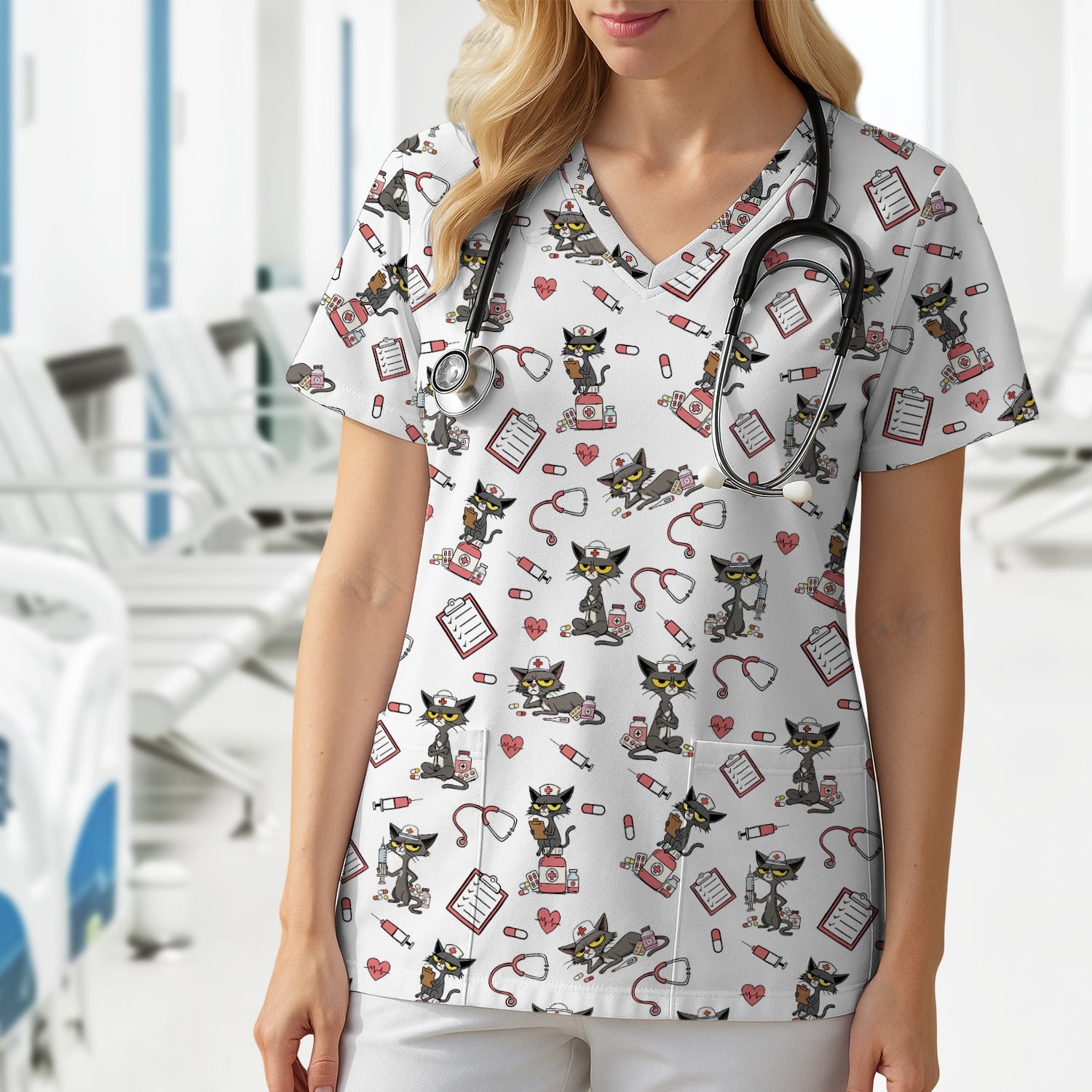 Personalized Funny Nurse Cat Shirt - Cute Black Cat with Stethoscope & Pills - Gift for RN CNA LPN