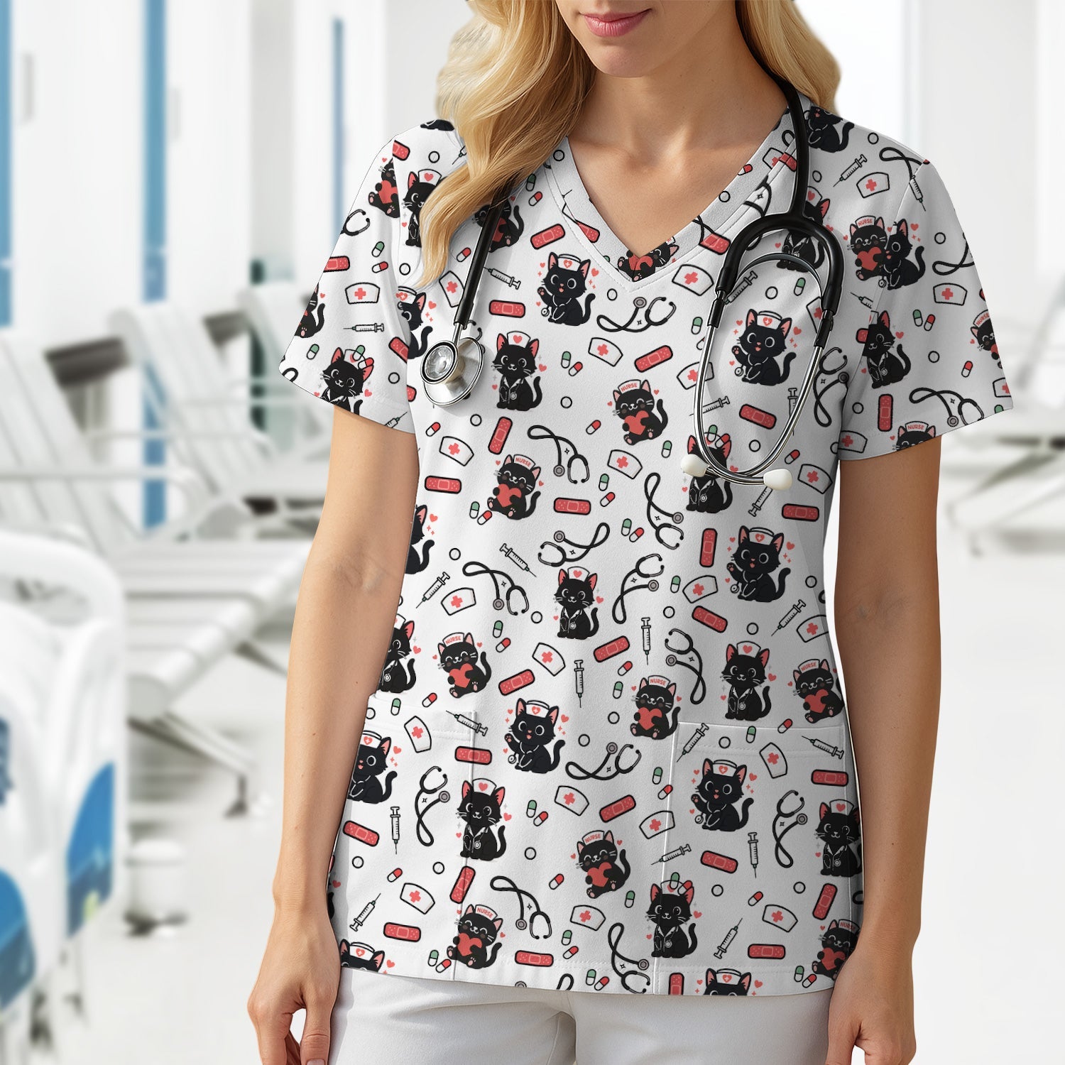 Personalized Adorable Cat Print Nurse Tee - Medical Uniform Shirt with Stethoscope - Gift for RN CNA LPN