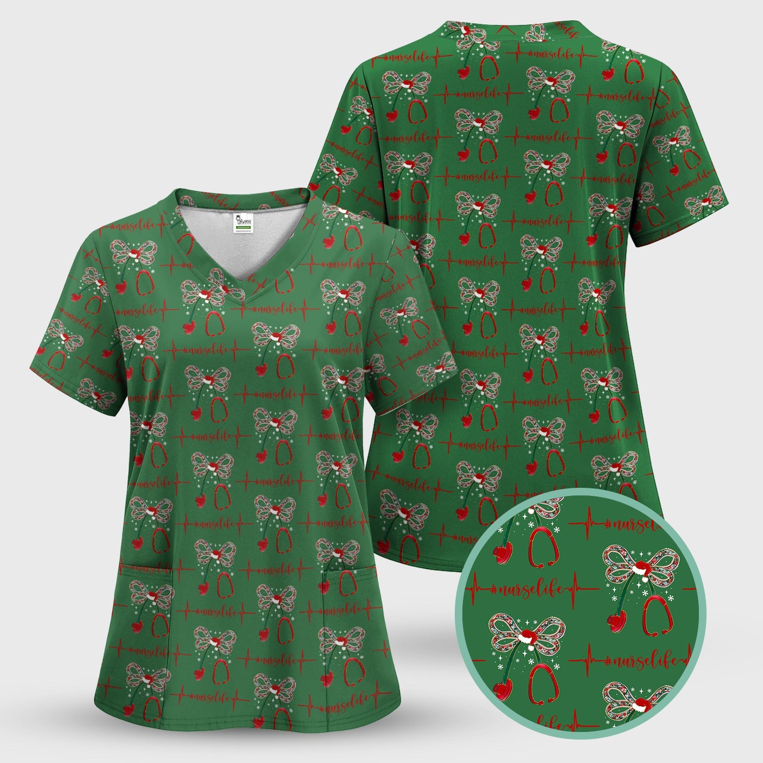 Festive Nurse Life Christmas Shirt - Christmas Stethoscope & Heartbeat Graphic Tee - Gift for RN LPN CNA Healthcare Staff