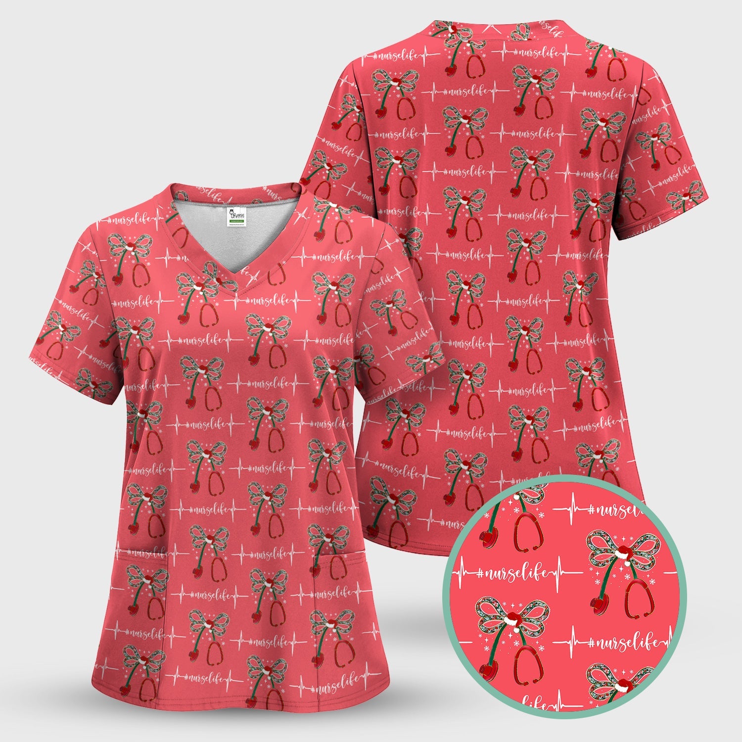 Festive Nurse Life Christmas Shirt - Christmas Stethoscope & Heartbeat Graphic Tee - Gift for RN LPN CNA Healthcare Staff